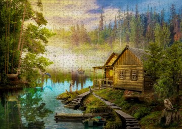 Enjoy Puzzle - A Log Cabin on the River - 1000 Stukjes 3