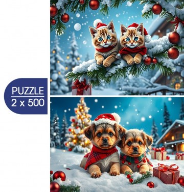 Alipson Puzzle - Chatons et Chiots de Noël - 2 x 500 Stukjes