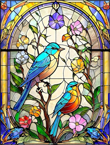 SunsOut - Stained Glass Flowers and Bluebirds - 500 Stukjes